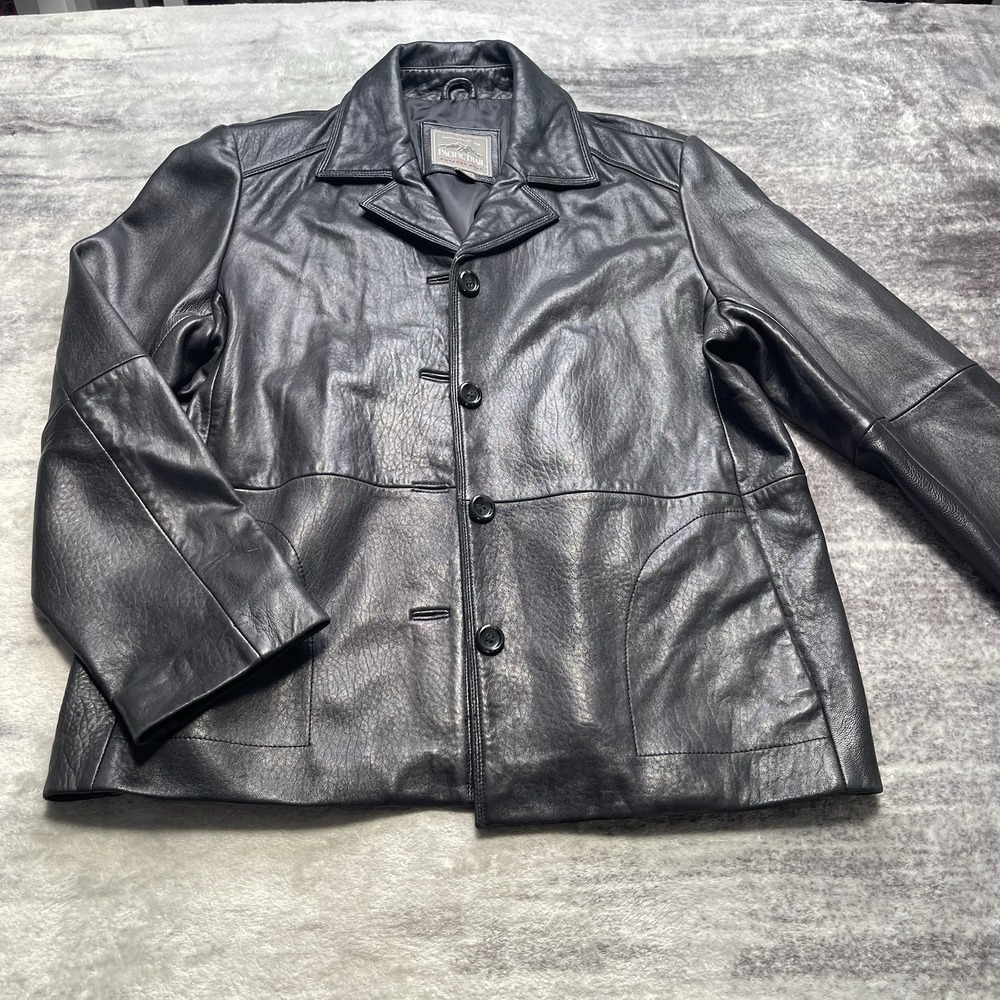 Pacific Trail Men's XL Black Leather Jacket Lined Pockets Button Point Collar